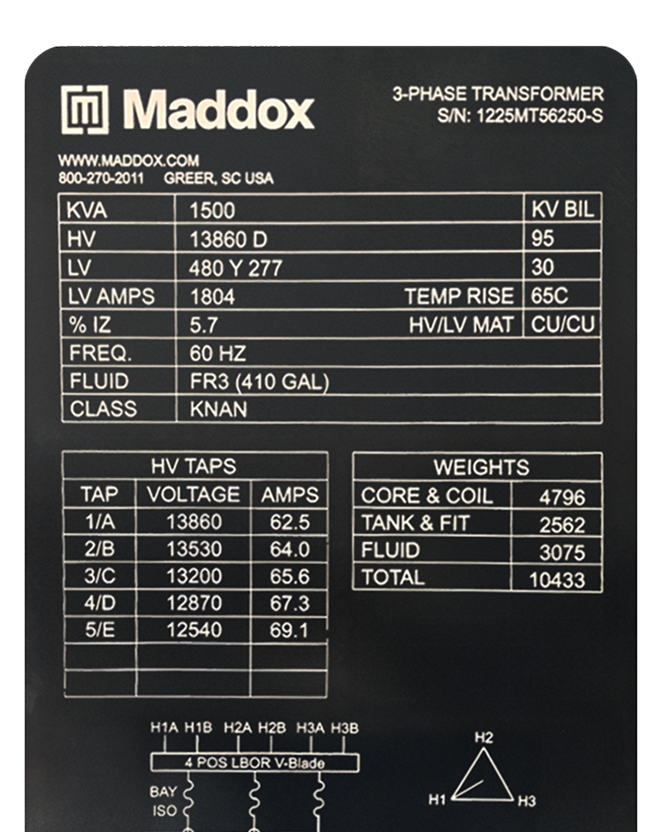 Maddox 3-phase transformer nameplate with specs, taps, weights, and electrical ratings in tabular format.